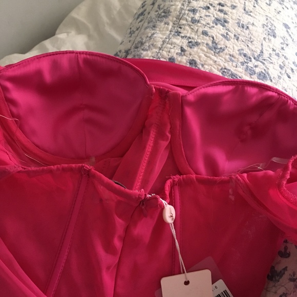 NWT OH POLLY Lorient Pink Satin Corset Push Up Satin + Mesh Sleeve Dress 2 - Picture 12 of 12